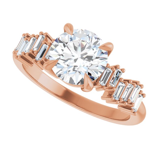 KALIA Solitaire Round Engagement Ring with Uneven Baguette Band - 18K Rose Gold - View 5