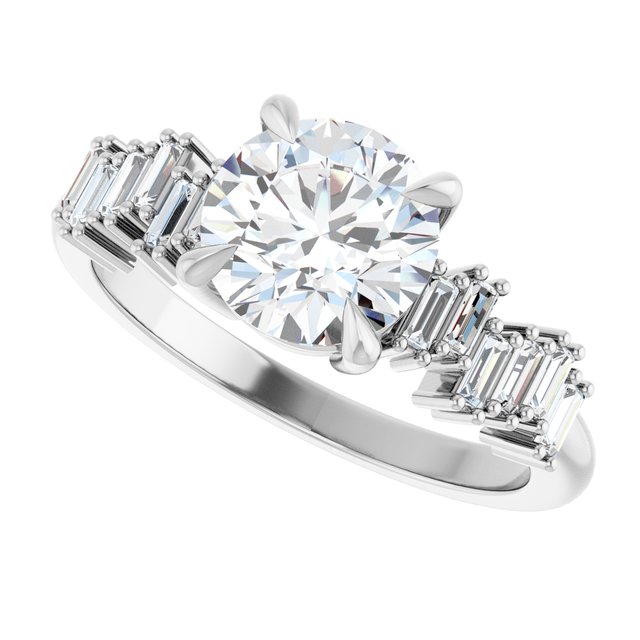 KALIA Solitaire Round Engagement Ring with Uneven Baguette Band - Platinum - View 5