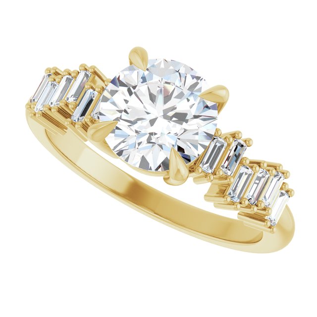 KALIA Solitaire Round Engagement Ring with Uneven Baguette Band - 18K Yellow Gold - View 5