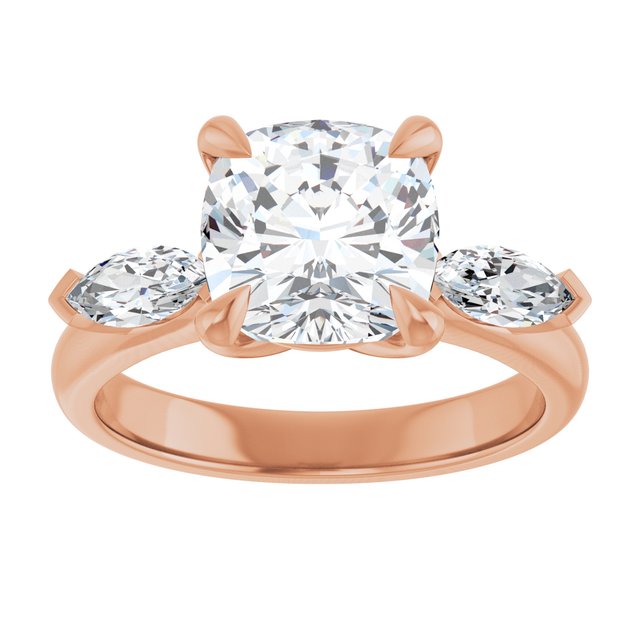 LUCIA Trilogy Cushion Engagement Ring with Marquise Accent Diamonds - 18K Rose Gold - View 3