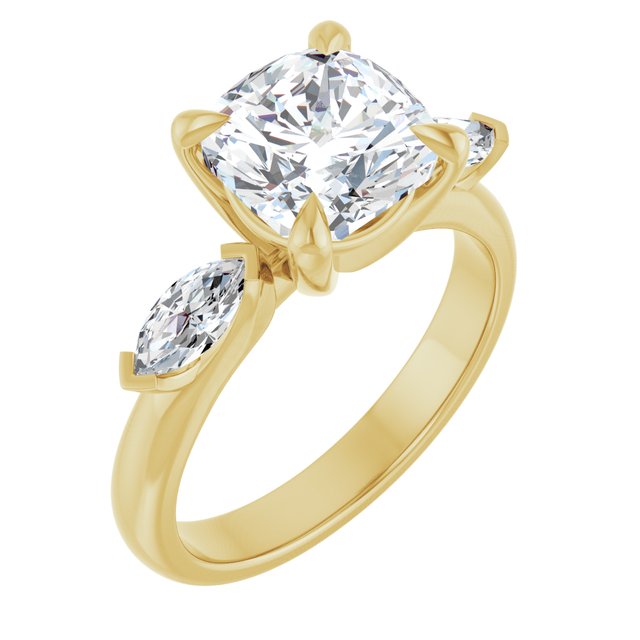 LUCIA Trilogy Cushion Engagement Ring with Marquise Accent Diamonds - 18K Yellow Gold - View 1