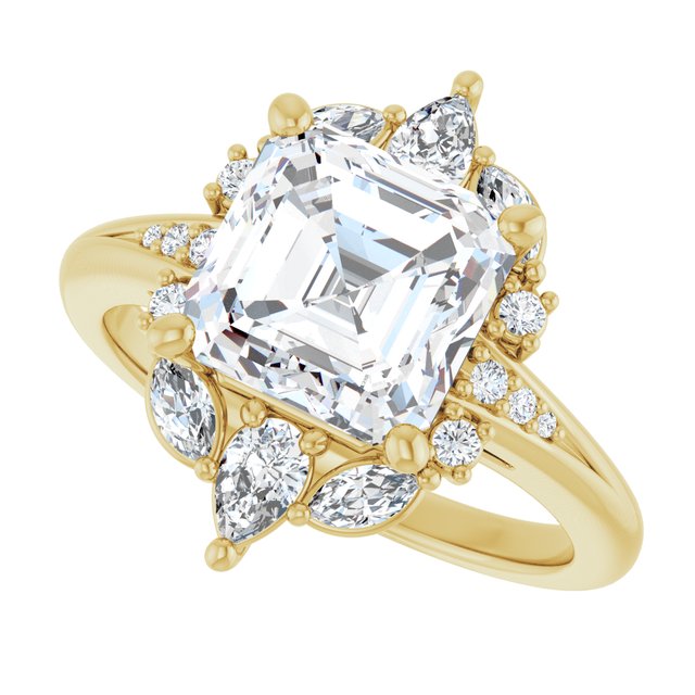 LARA Halo Asscher Engagement Ring with Round, Pear & Marquise Stones - 18K Yellow Gold - View 5