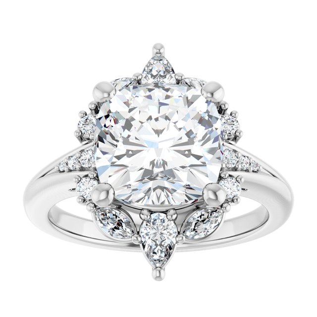 LARA Halo Cushion Engagement Ring with Round, Pear & Marquise Stones - Platinum - View 3