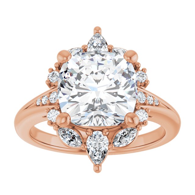 LARA Halo Cushion Engagement Ring with Round, Pear & Marquise Stones - 18K Rose Gold - View 3