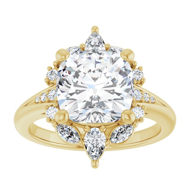 LARA Halo Cushion Engagement Ring with Round, Pear & Marquise Stones - 18K Yellow Gold - View 3