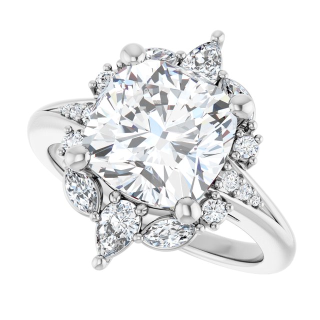 LARA Halo Cushion Engagement Ring with Round, Pear & Marquise Stones - Platinum - View 5