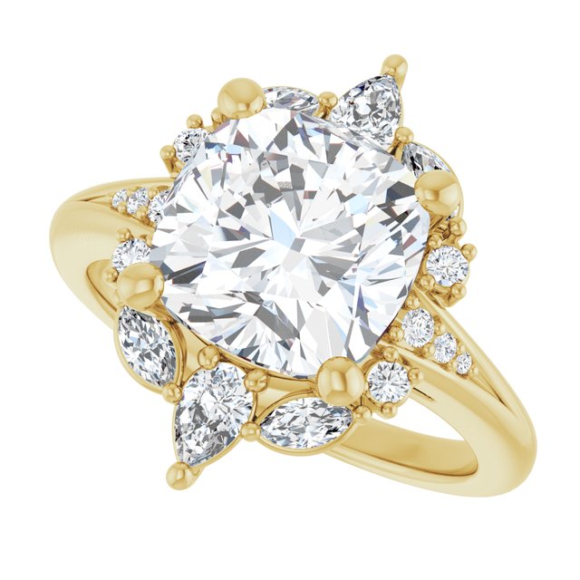 LARA Halo Cushion Engagement Ring with Round, Pear & Marquise Stones - 18K Yellow Gold - View 5