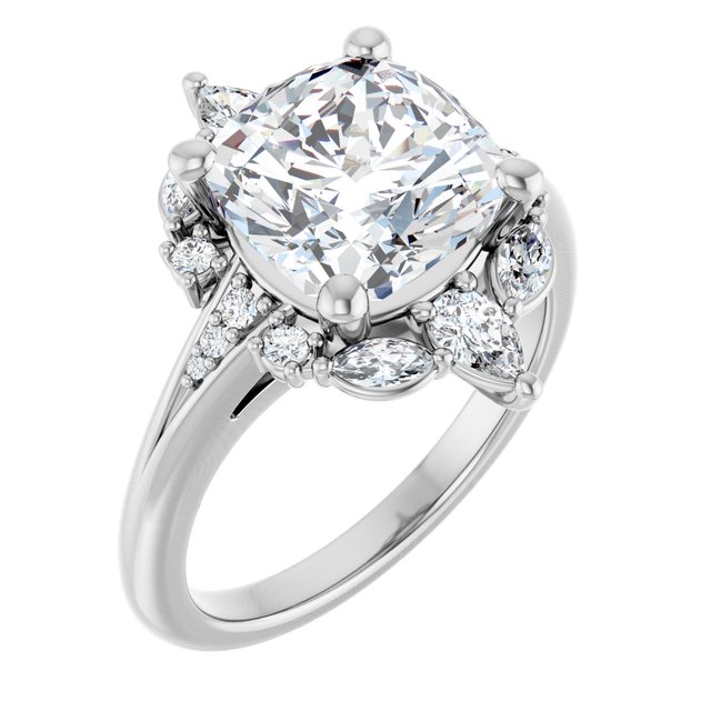 LARA Halo Cushion Engagement Ring with Round, Pear & Marquise Stones - Platinum - View 1