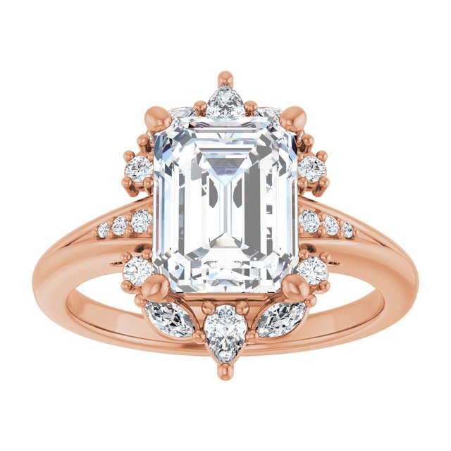 LARA Halo Emerald Engagement Ring with Round, Pear & Marquise Stones - 18K Rose Gold - View 3