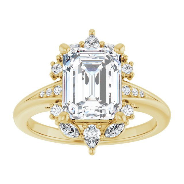LARA Halo Emerald Engagement Ring with Round, Pear & Marquise Stones - 18K Yellow Gold - View 3
