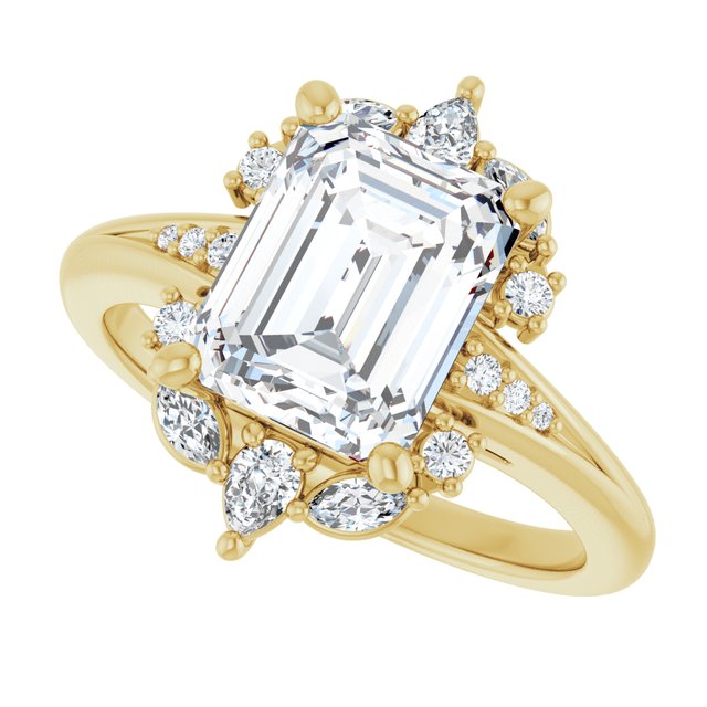 LARA Halo Emerald Engagement Ring with Round, Pear & Marquise Stones - 18K Yellow Gold - View 5