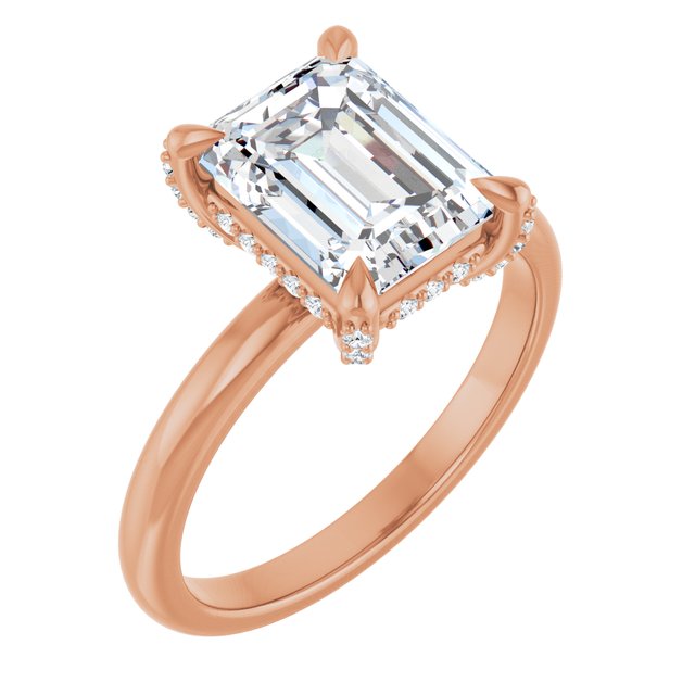 ATHENA Solitaire Emerald Engagement Ring with Diamond Set Claws & Hidden Halo - 18K Rose Gold - View 1