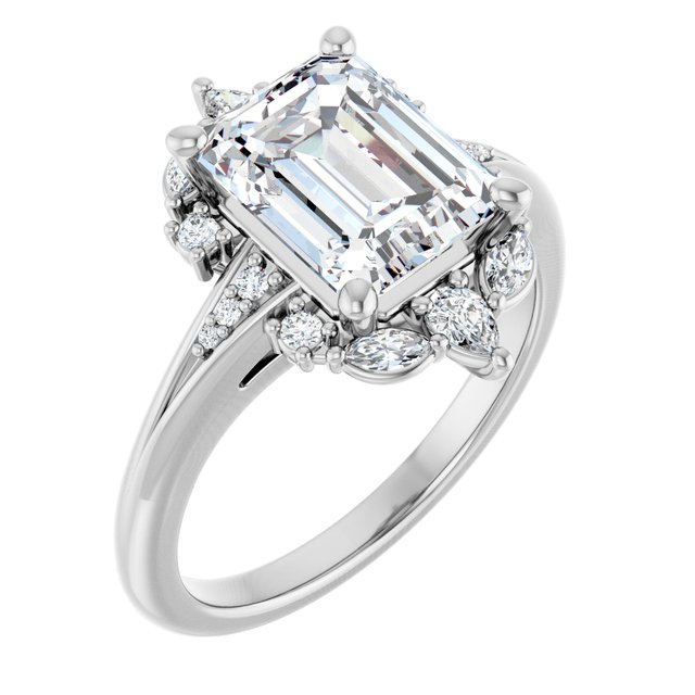 LARA Halo Emerald Engagement Ring with Round, Pear & Marquise Stones - Platinum - View 1