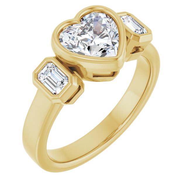 CHLOE Bezel Set Trilogy Heart Engagement Ring with Emerald Cut Accent Diamonds - 18K Yellow Gold - View 1
