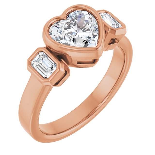 CHLOE Bezel Set Trilogy Heart Engagement Ring with Emerald Cut Accent Diamonds - 18K Rose Gold - View 1