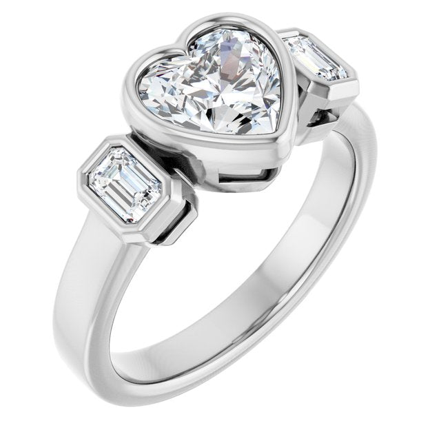 CHLOE Bezel Set Trilogy Heart Engagement Ring with Emerald Cut Accent Diamonds - Platinum - View 1