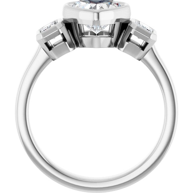 CHLOE Bezel Set Trilogy Heart Engagement Ring with Emerald Cut Accent Diamonds - Platinum - View 2