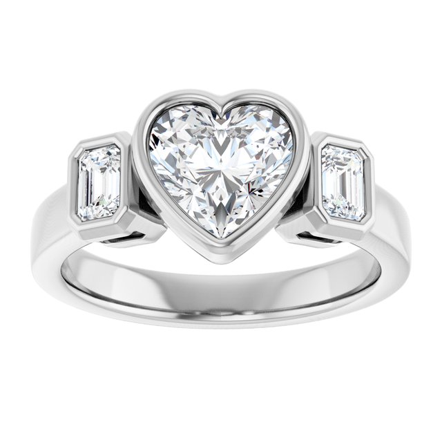 CHLOE Bezel Set Trilogy Heart Engagement Ring with Emerald Cut Accent Diamonds - Platinum - View 3