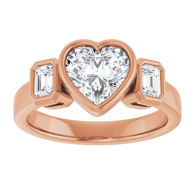 CHLOE Bezel Set Trilogy Heart Engagement Ring with Emerald Cut Accent Diamonds - 18K Rose Gold - View 3