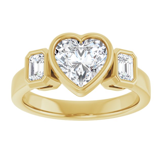 CHLOE Bezel Set Trilogy Heart Engagement Ring with Emerald Cut Accent Diamonds - 18K Yellow Gold - View 3