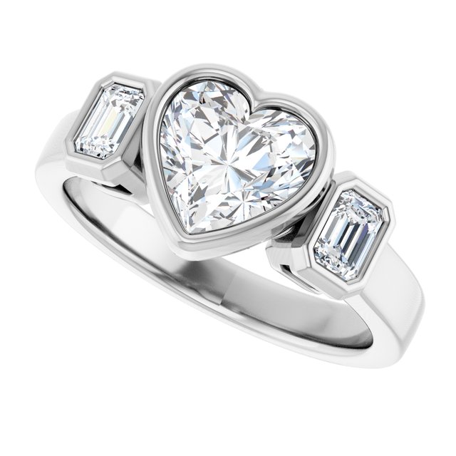 CHLOE Bezel Set Trilogy Heart Engagement Ring with Emerald Cut Accent Diamonds - Platinum - View 5