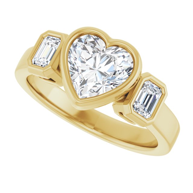 CHLOE Bezel Set Trilogy Heart Engagement Ring with Emerald Cut Accent Diamonds - 18K Yellow Gold - View 5