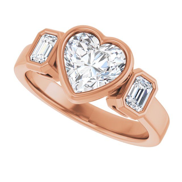 CHLOE Bezel Set Trilogy Heart Engagement Ring with Emerald Cut Accent Diamonds - 18K Rose Gold - View 5