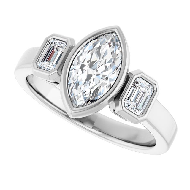 CHLOE Bezel Set Trilogy Marquise Engagement Ring with Emerald Cut Accent Diamonds - Platinum - View 5