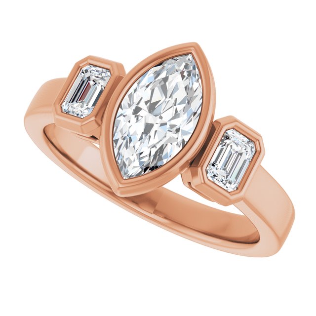CHLOE Bezel Set Trilogy Marquise Engagement Ring with Emerald Cut Accent Diamonds - 18K Rose Gold - View 5