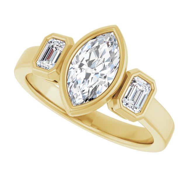 CHLOE Bezel Set Trilogy Marquise Engagement Ring with Emerald Cut Accent Diamonds - 18K Yellow Gold - View 5
