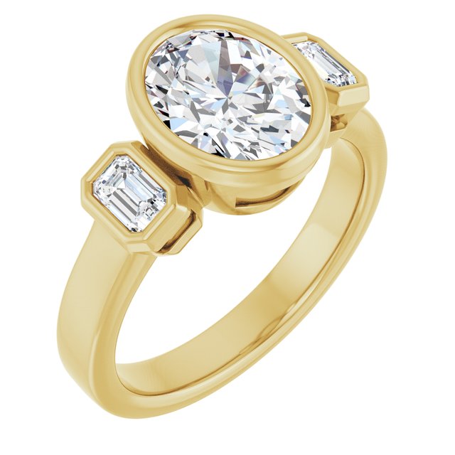 CHLOE Bezel Set Trilogy Oval Engagement Ring with Emerald Cut Accent Diamonds - 18K Yellow Gold - View 1