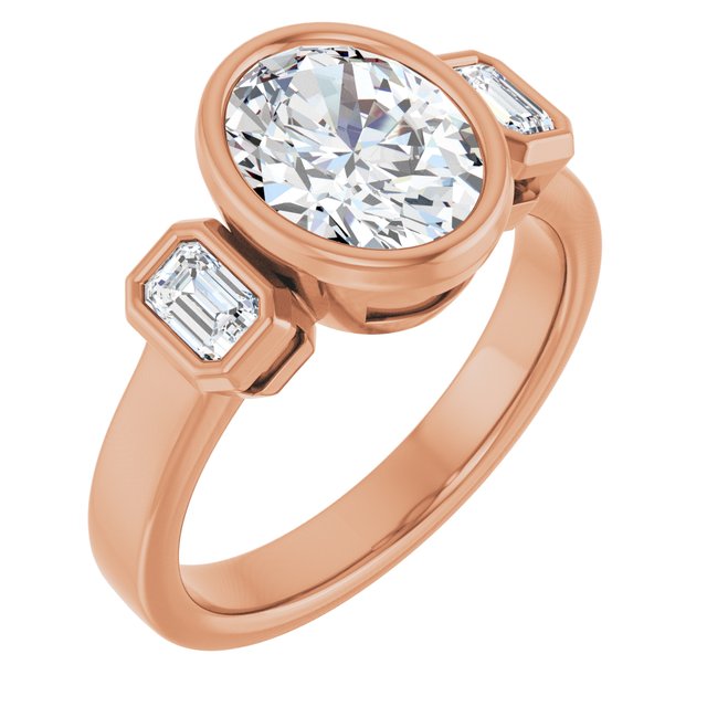 CHLOE Bezel Set Trilogy Oval Engagement Ring with Emerald Cut Accent Diamonds - 18K Rose Gold - View 1
