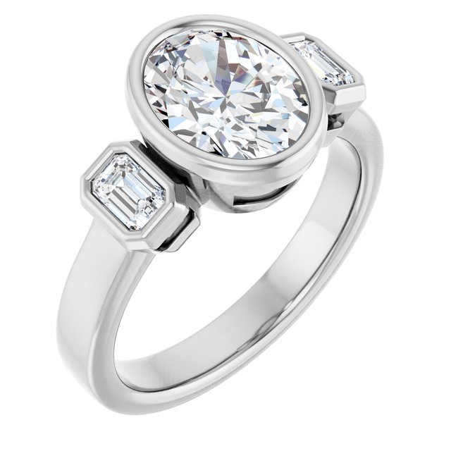 CHLOE Bezel Set Trilogy Oval Engagement Ring with Emerald Cut Accent Diamonds - Platinum - View 1
