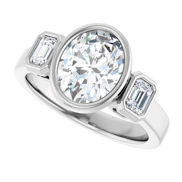 CHLOE Bezel Set Trilogy Oval Engagement Ring with Emerald Cut Accent Diamonds - Platinum - View 5