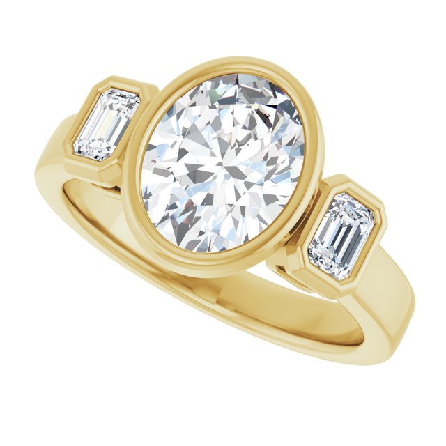 CHLOE Bezel Set Trilogy Oval Engagement Ring with Emerald Cut Accent Diamonds - 18K Yellow Gold - View 5