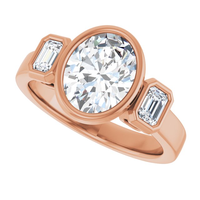 CHLOE Bezel Set Trilogy Oval Engagement Ring with Emerald Cut Accent Diamonds - 18K Rose Gold - View 5