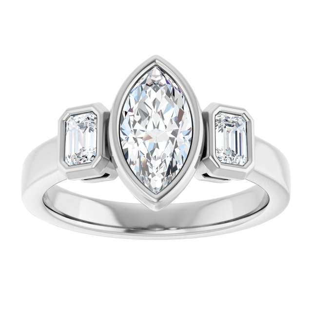 CHLOE Bezel Set Trilogy Marquise Engagement Ring with Emerald Cut Accent Diamonds - Platinum - View 3
