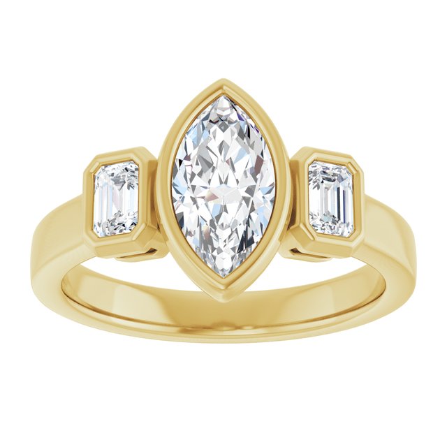 CHLOE Bezel Set Trilogy Marquise Engagement Ring with Emerald Cut Accent Diamonds - 18K Yellow Gold - View 3