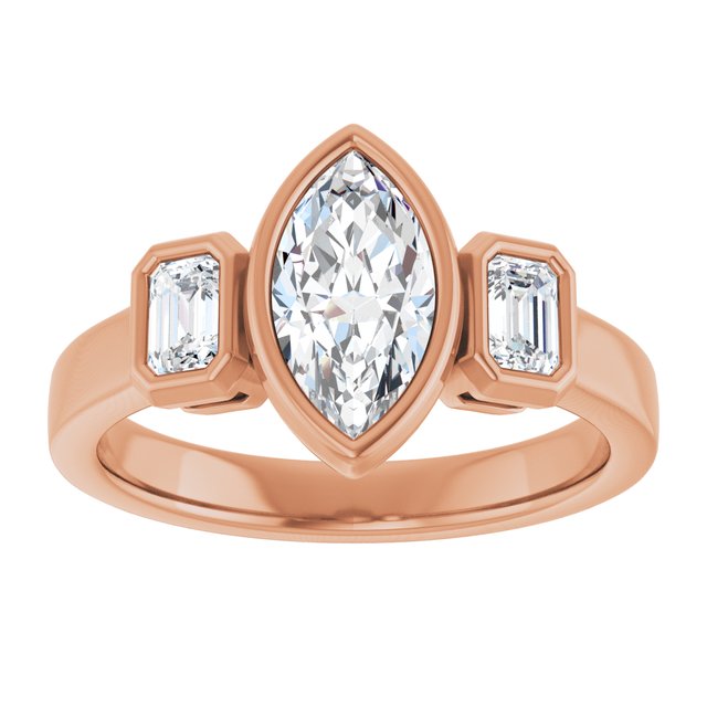 CHLOE Bezel Set Trilogy Marquise Engagement Ring with Emerald Cut Accent Diamonds - 18K Rose Gold - View 3