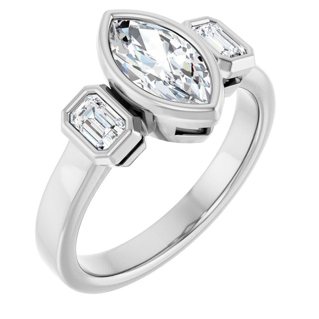 CHLOE Bezel Set Trilogy Marquise Engagement Ring with Emerald Cut Accent Diamonds - Platinum - View 1