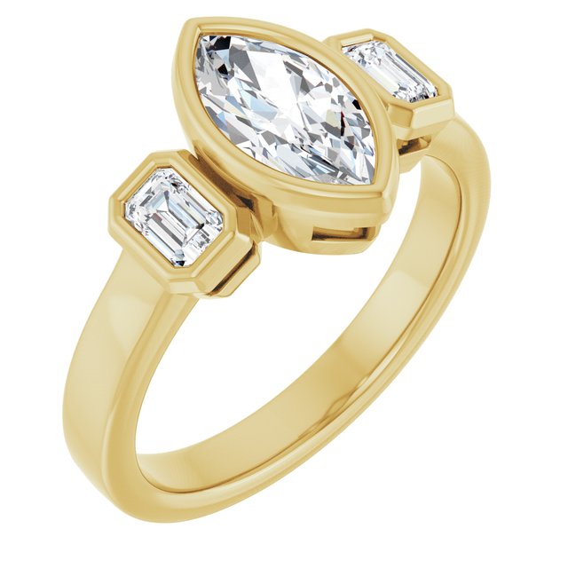 CHLOE Bezel Set Trilogy Marquise Engagement Ring with Emerald Cut Accent Diamonds - 18K Yellow Gold - View 1