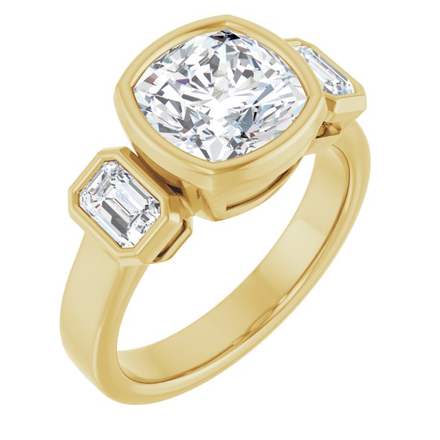 CHLOE Bezel Set Trilogy Cushion Engagement Ring with Emerald Cut Accent Diamonds - 18K Yellow Gold - View 1