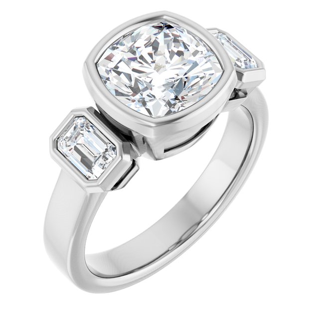 CHLOE Bezel Set Trilogy Cushion Engagement Ring with Emerald Cut Accent Diamonds - Platinum - View 1