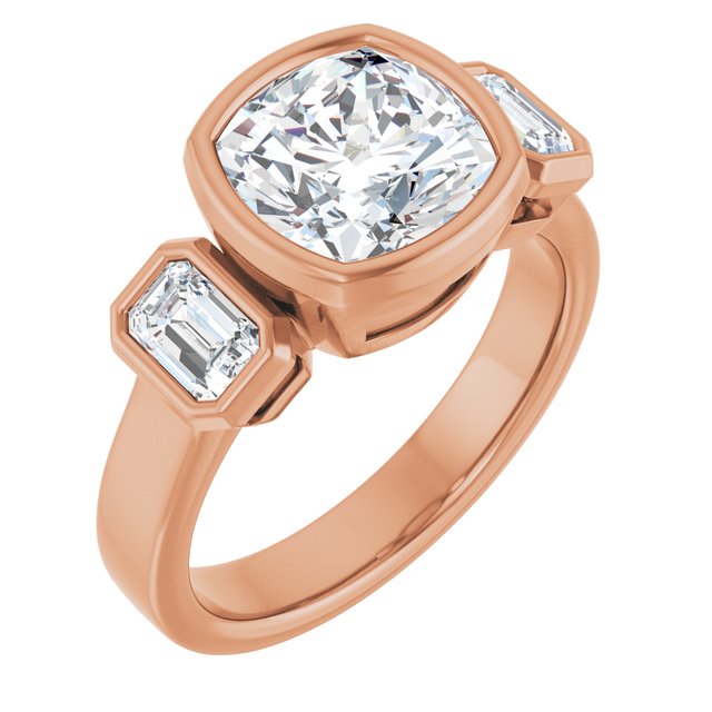 CHLOE Bezel Set Trilogy Cushion Engagement Ring with Emerald Cut Accent Diamonds - 18K Rose Gold - View 1
