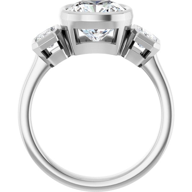 CHLOE Bezel Set Trilogy Cushion Engagement Ring with Emerald Cut Accent Diamonds - Platinum - View 2