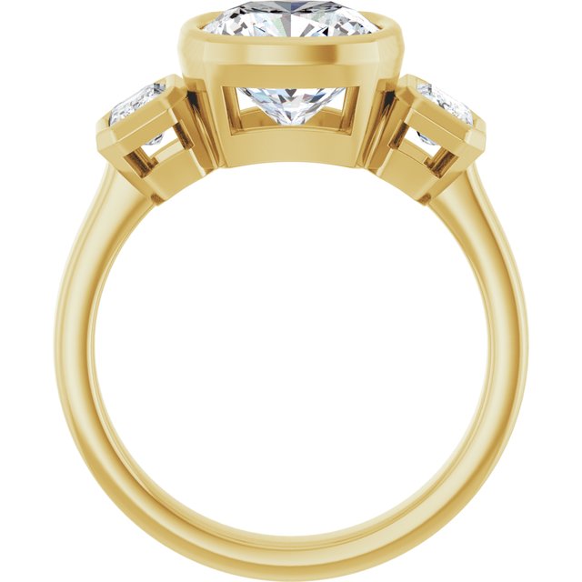 CHLOE Bezel Set Trilogy Cushion Engagement Ring with Emerald Cut Accent Diamonds - 18K Yellow Gold - View 2
