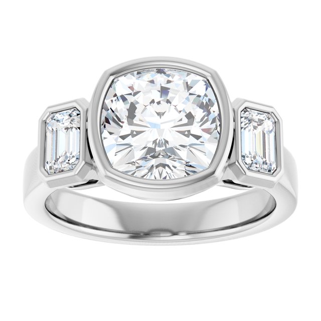 CHLOE Bezel Set Trilogy Cushion Engagement Ring with Emerald Cut Accent Diamonds - Platinum - View 3