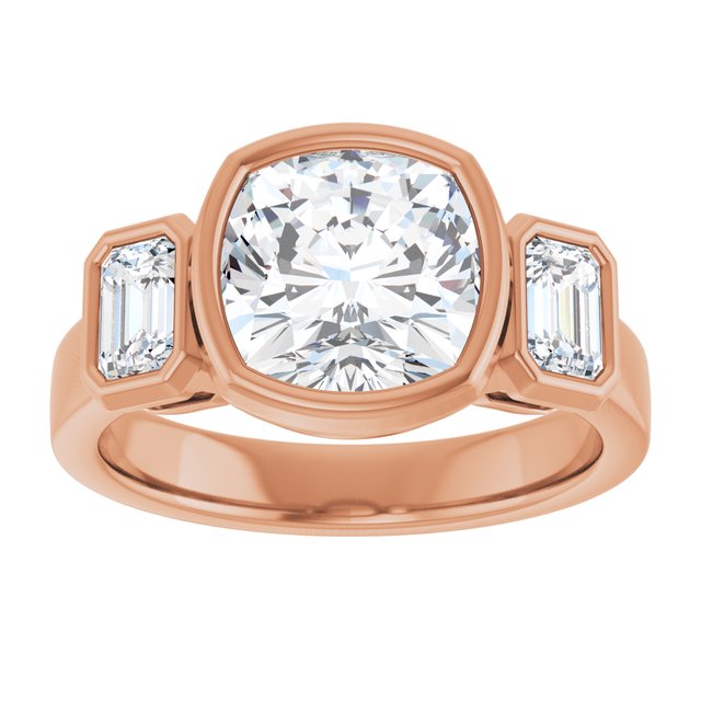 CHLOE Bezel Set Trilogy Cushion Engagement Ring with Emerald Cut Accent Diamonds - 18K Rose Gold - View 3