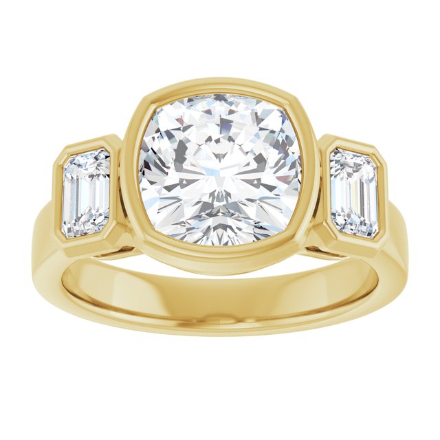 CHLOE Bezel Set Trilogy Cushion Engagement Ring with Emerald Cut Accent Diamonds - 18K Yellow Gold - View 3
