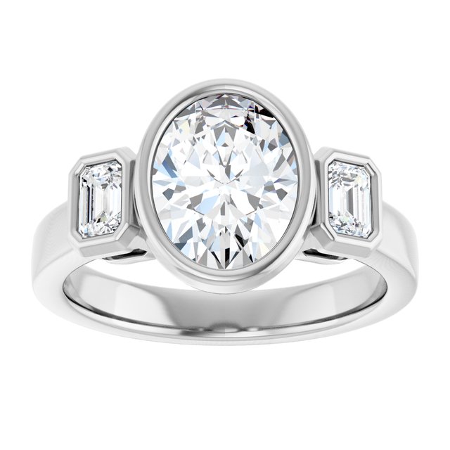CHLOE Bezel Set Trilogy Oval Engagement Ring with Emerald Cut Accent Diamonds - Platinum - View 3